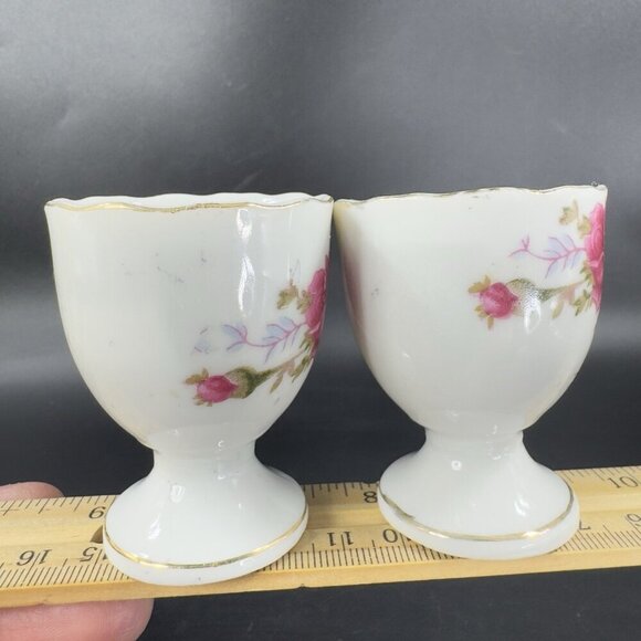 Vintage Fine Porcelain Egg Cup Holder Set 2 Gold Trim Floral Pattern Made Japan - Picture 6 of 10